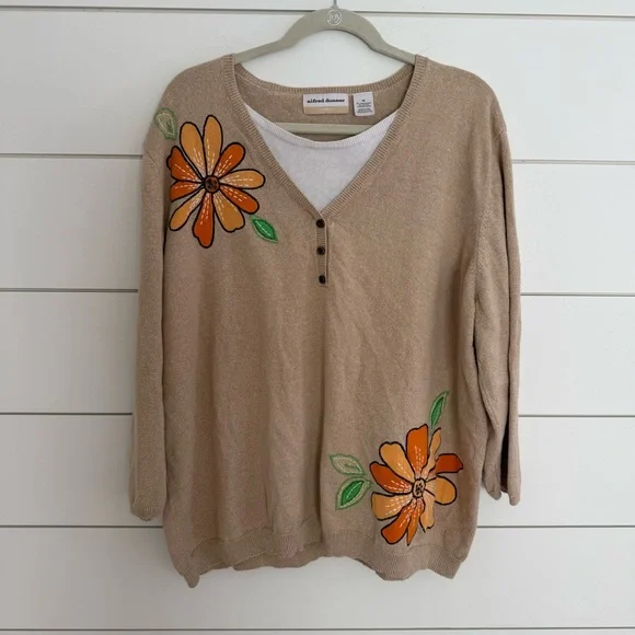 Alfred Dunner 3XL Embroidered Flower Sweater Top 3/4 Sleeve Tan Lightweight - Picture 1 of 5